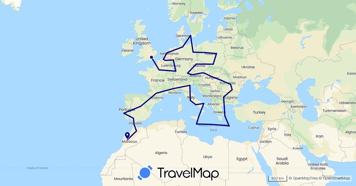TravelMap itinerary: driving in Austria, Belgium, Bulgaria, Czech Republic, Germany, Denmark, Spain, France, United Kingdom, Greece, Hungary, Italy, Morocco, Malta, Netherlands, Poland, Portugal, Romania, Slovakia (Africa, Europe)